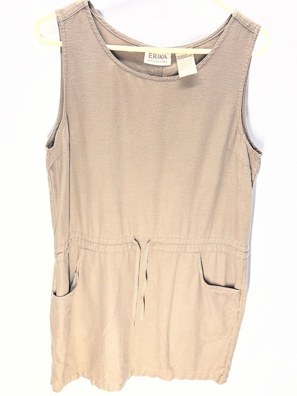 Erika Collection Vintage Beige Sleeveless Drawstring Waist Dress Pockets Minimal